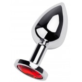 Серебристая коническая анальная пробка с красным кристаллом - 8 см. - ToyFa - купить с доставкой во Владивостоке