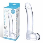 Прозрачный стеклянный фаллос с мошонкой Curved G-Spot - 18 см. - Glas