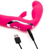 Ярко-розовый безремневой страпон Rechargeable Vibrating Strapless Strap-On - Happy Rabbit - купить с доставкой во Владивостоке