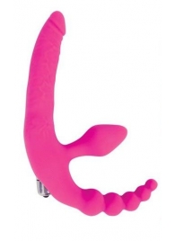 Розовый безремневой страпон с анальным отростком и вибрацией - 15 см. - Bior toys - купить с доставкой во Владивостоке