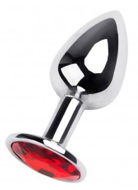 Маленькая коническая серебристая анальная пробка с красным кристаллом - 7 см. - ToyFa - купить с доставкой во Владивостоке