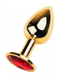 Золотистая коническая анальная пробка с красным кристаллом - 7 см. - ToyFa - купить с доставкой во Владивостоке