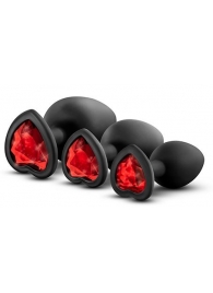 Набор черных анальных пробок с красным кристаллом-сердечком Bling Plugs Training Kit - Blush Novelties - купить с доставкой во Владивостоке