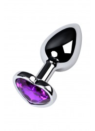 Серебристая коническая анальная пробка с фиолетовым кристаллом-сердечком - 7 см. - ToyFa - купить с доставкой во Владивостоке