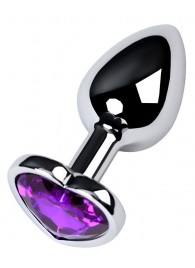 Серебристая коническая анальная пробка с фиолетовым кристаллом-сердечком - 7 см. - ToyFa - купить с доставкой во Владивостоке