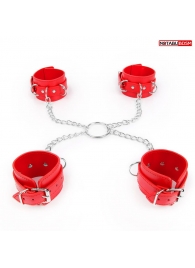 Комплект красных наручников и оков на металлических креплениях с кольцом - Notabu - купить с доставкой во Владивостоке
