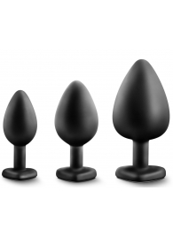 Набор из 3 черных пробок с прозрачным кристаллом-сердечком Bling Plugs Training Kit - Blush Novelties - купить с доставкой во Владивостоке