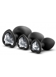 Набор из 3 черных пробок с прозрачным кристаллом-сердечком Bling Plugs Training Kit - Blush Novelties - купить с доставкой во Владивостоке