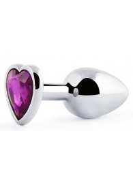Серебристая анальная пробка с фиолетовым кристаллом-сердечком - 8 см. - Anal Jewelry Plug - купить с доставкой во Владивостоке