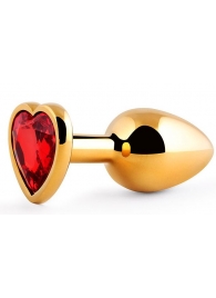 Золотистая анальная пробка с красным стразом-сердечком - 8 см. - Anal Jewelry Plug - купить с доставкой во Владивостоке