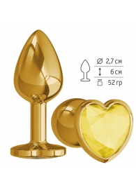 Золотистая анальная втулка с желтым кристаллом-сердечком - 7 см. - Джага-Джага - купить с доставкой во Владивостоке