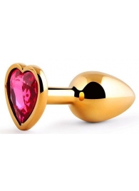 Золотистая анальная пробка с малиновым кристаллом-сердечком - 7 см. - Anal Jewelry Plug - купить с доставкой во Владивостоке