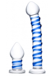 Набор из 2 стеклянных игрушек с синей спиралью Swirly Dildo   Buttplug Set - Glas
