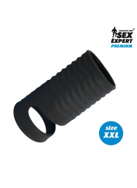 Черная открытая насадка на пенис с кольцом для мошонки XXL-size - 9,4 см. - Sex Expert - во Владивостоке купить с доставкой