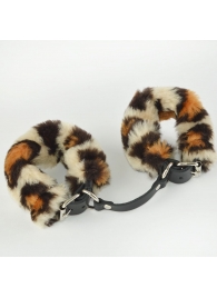 Черные кожаные наручники со съемной леопардовой опушкой - Sitabella - купить с доставкой во Владивостоке