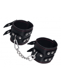 Черные кожаные наручники с двумя ремнями и контрастной строчкой - Pecado - купить с доставкой во Владивостоке