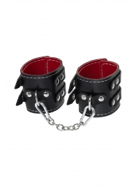 Черные кожаные наручники с двумя ремнями и красной подкладкой - Pecado - купить с доставкой во Владивостоке