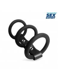 Черное тройное эрекционное кольцо с ремешком - Sex Expert - во Владивостоке купить с доставкой