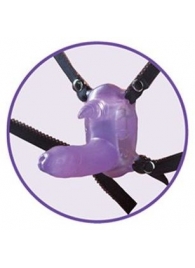 Фиолетовый вибростимулятор в виде рога носорога на регулируемых трусиках и с пультом ДУ - NMC