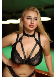 Черная кожаная сбруя с ошейником plus size из нежной кожи - БДСМ Арсенал - купить с доставкой во Владивостоке