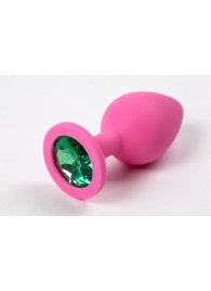 Розовая силиконовая анальная пробка с зеленым стразом - 8,2 см. - 4sexdreaM - купить с доставкой во Владивостоке