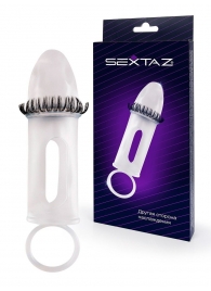 Закрытая насадка на пенис с подхватом мошонки и стимулирующими «ресничками» - Sextaz - во Владивостоке купить с доставкой