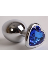 Серебристая анальная пробка с синим стразиком-сердечком - 8,2 см. - 4sexdreaM - купить с доставкой во Владивостоке