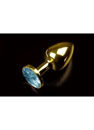 Маленькая золотистая анальная пробка с круглым кончиком и голубым кристаллом - 7 см. - Пикантные штучки - купить с доставкой во Владивостоке