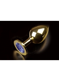 Большая золотая анальная пробка с закругленным кончиком и синим кристаллом - 9 см. - Пикантные штучки - купить с доставкой во Владивостоке
