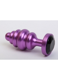 Фиолетовая ребристая анальная пробка с чёрным кристаллом - 7,3 см. - 4sexdreaM - купить с доставкой во Владивостоке