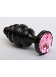 Чёрная ребристая анальная пробка с розовым кристаллом - 7,3 см. - 4sexdreaM - купить с доставкой во Владивостоке