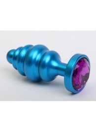Синяя ребристая анальная пробка с фиолетовым кристаллом - 7,3 см. - 4sexdreaM - купить с доставкой во Владивостоке