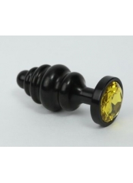 Чёрная ребристая анальная пробка с жёлтым кристаллом - 7,3 см. - 4sexdreaM - купить с доставкой во Владивостоке