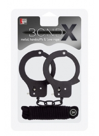 Чёрные наручники из листового металла в комплекте с веревкой BONDX METAL CUFFS LOVE ROPE SET - Dream Toys - купить с доставкой во Владивостоке