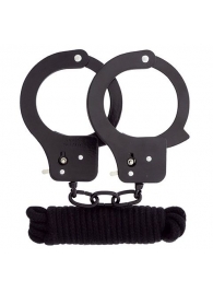 Чёрные наручники из листового металла в комплекте с веревкой BONDX METAL CUFFS LOVE ROPE SET - Dream Toys - купить с доставкой во Владивостоке