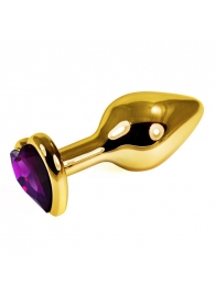 Золотистая анальная втулка с фиолетовым кристаллом-сердцем - 7 см. - Джага-Джага - купить с доставкой во Владивостоке