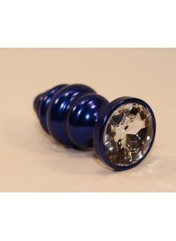 Синяя рифлёная пробка с прозрачным кристаллом - 7,3 см. - 4sexdreaM - купить с доставкой во Владивостоке