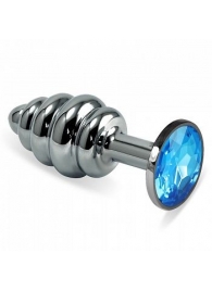 Серебристая фигурная анальная пробка с голубым кристаллом - 9 см. - 4sexdreaM - купить с доставкой во Владивостоке