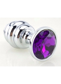 Серебристая фигурная анальная пробка с фиолетовым кристаллом - 8 см. - 4sexdreaM - купить с доставкой во Владивостоке