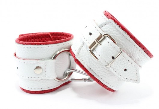 Бело-красные кожаные наручники с кольцом - БДСМ Арсенал - купить с доставкой во Владивостоке