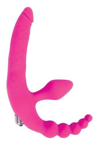Розовый безремневой страпон с анальным отростком и вибрацией - 15 см. - Bior toys - купить с доставкой во Владивостоке