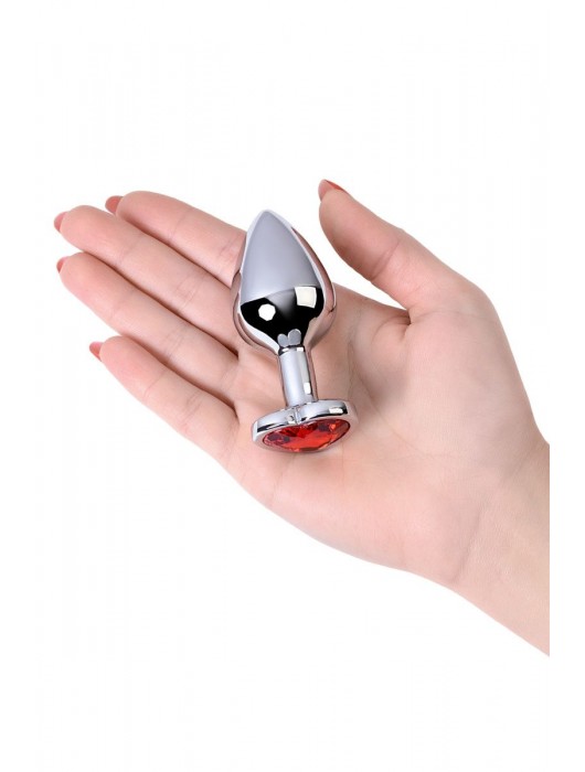 Серебристая коническая анальная пробка с красным кристаллом-сердечком - 7 см. - ToyFa - купить с доставкой во Владивостоке