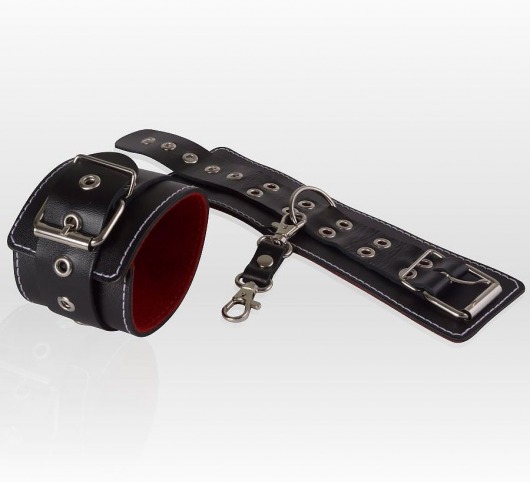 Чёрные кожаные наручники с контрастной строчкой и красной изнанкой - Sitabella - купить с доставкой во Владивостоке