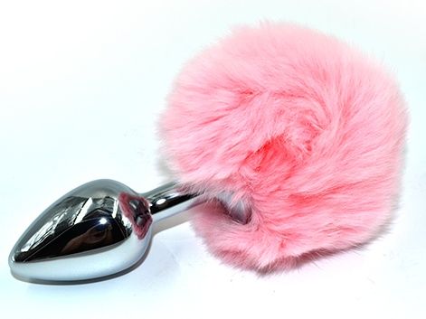 Серебристая округлая анальная пробка с заячьим хвостиком розового цвета - 11,5 см. - Kanikule - купить с доставкой во Владивостоке