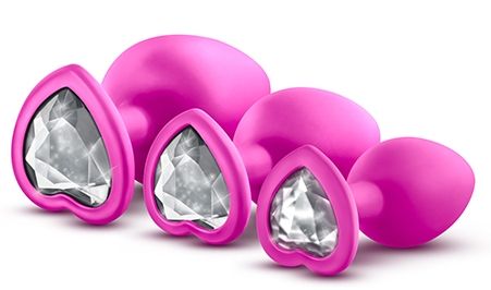 Набор розовых анальных пробок с прозрачным кристаллом-сердечком Bling Plugs Training Kit - Blush Novelties - купить с доставкой во Владивостоке