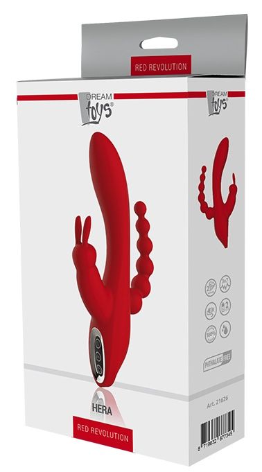 Красный вибромассажер-кролик с анальным стимулятором HERA - 21 см. - Dream Toys