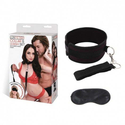 Черный ошейник с длинным поводком Collar and Leash Set - Lux Fetish - купить с доставкой во Владивостоке