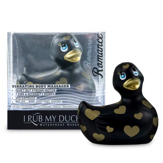 Черный вибратор-уточка I Rub My Duckie 2.0 Romance с золотистым принтом - Big Teaze Toys - купить с доставкой во Владивостоке