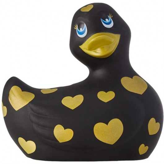 Черный вибратор-уточка I Rub My Duckie 2.0 Romance с золотистым принтом - Big Teaze Toys - купить с доставкой во Владивостоке