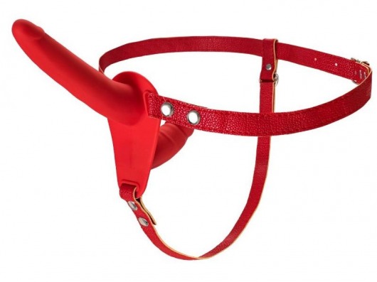 Красный страпон на ремнях с вагинальной пробкой - 15 см. - ToyFa - купить с доставкой во Владивостоке